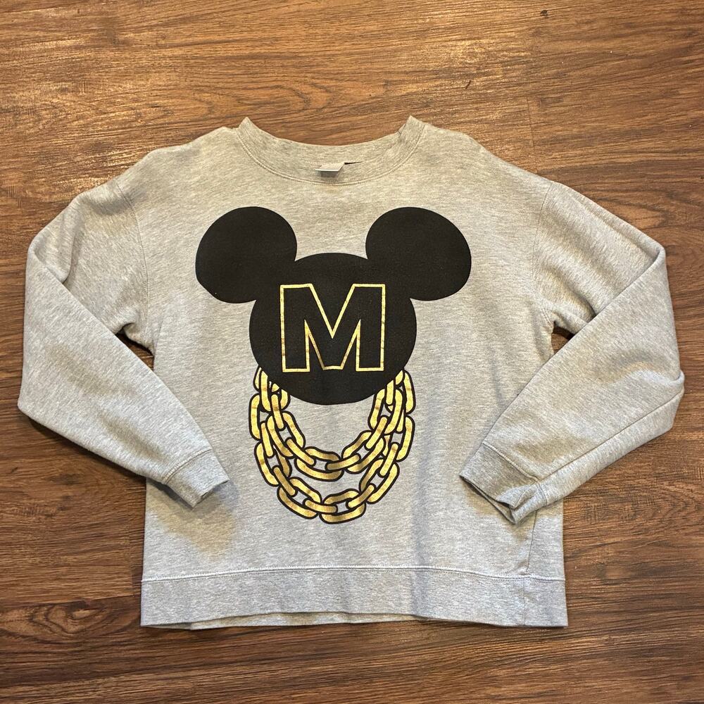 Y2K Disney Mickey Mouse Gold Chain Sweatshirt Gray Size M Streetwear